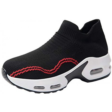 Women's Walking Shoes Sock Sneakers Slip On Mesh Platform Loafers Comfort Wedge Walking Shoes Black-Red